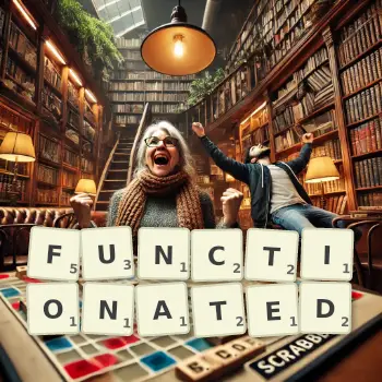 Creative illustration for a Scrabble game with the word FUNCTIONATED spelled out in tiles on the board.