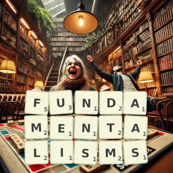 Creative illustration for a Scrabble game with the word FUNDAMENTALISMS spelled out in tiles on the board.