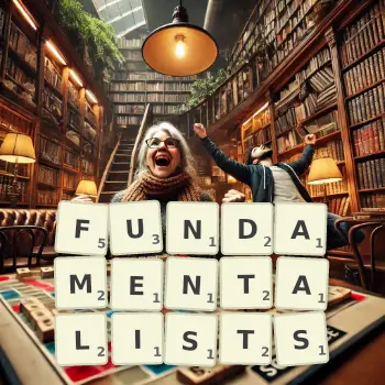 Creative illustration for a Scrabble game with the word FUNDAMENTALISTS spelled out in tiles on the board.