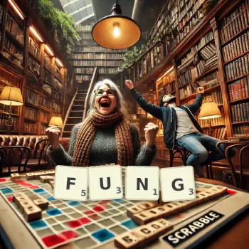 Creative illustration for a Scrabble game with the word FUNG spelled out in tiles on the board.