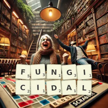 Creative illustration for a Scrabble game with the word FUNGICIDAL spelled out in tiles on the board.