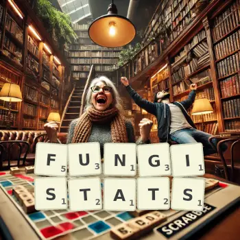 Creative illustration for a Scrabble game with the word FUNGISTATS spelled out in tiles on the board.