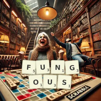 Creative illustration for a Scrabble game with the word FUNGOUS spelled out in tiles on the board.