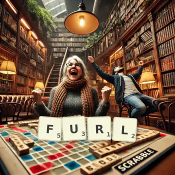 Creative illustration for a Scrabble game with the word FURL spelled out in tiles on the board.