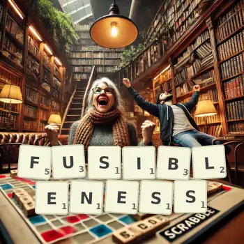 Creative illustration for a Scrabble game with the word FUSIBLENESS spelled out in tiles on the board.