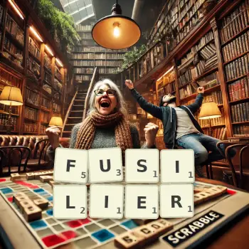 Creative illustration for a Scrabble game with the word FUSILIER spelled out in tiles on the board.