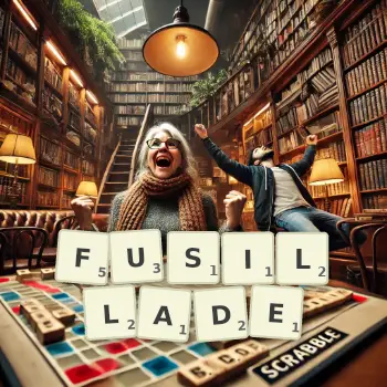 Creative illustration for a Scrabble game with the word FUSILLADE spelled out in tiles on the board.