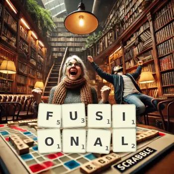 Creative illustration for a Scrabble game with the word FUSIONAL spelled out in tiles on the board.