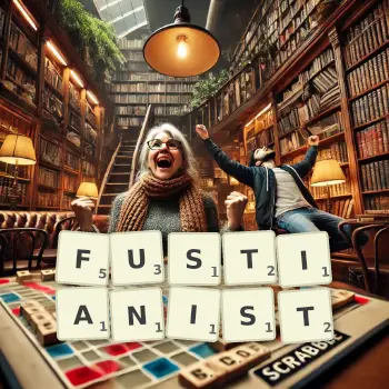 Creative illustration for a Scrabble game with the word FUSTIANIST spelled out in tiles on the board.