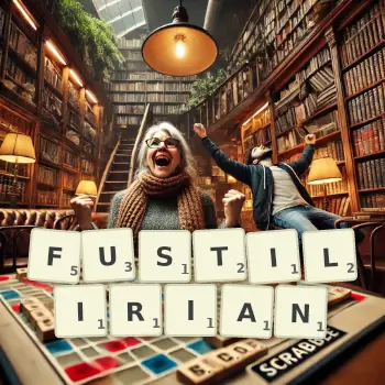 Creative illustration for a Scrabble game with the word FUSTILIRIAN spelled out in tiles on the board.