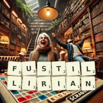 Creative illustration for a Scrabble game with the word FUSTILLIRIAN spelled out in tiles on the board.
