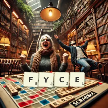 Creative illustration for a Scrabble game with the word FYCE spelled out in tiles on the board.