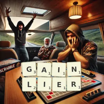 Creative illustration for a Scrabble game with the word GAINLIER spelled out in tiles on the board.