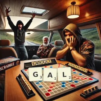 Creative illustration for a Scrabble game with the word GAL spelled out in tiles on the board.