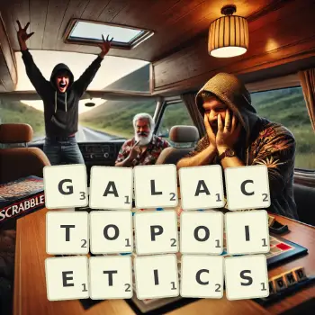 Creative illustration for a Scrabble game with the word GALACTOPOIETICS spelled out in tiles on the board.