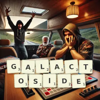 Creative illustration for a Scrabble game with the word GALACTOSIDE spelled out in tiles on the board.
