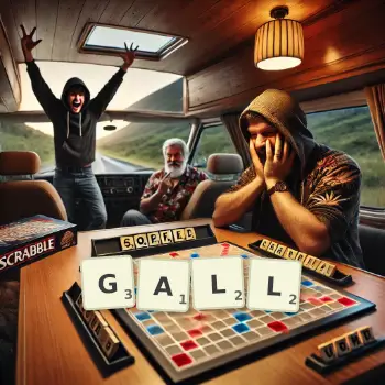 Creative illustration for a Scrabble game with the word GALL spelled out in tiles on the board.