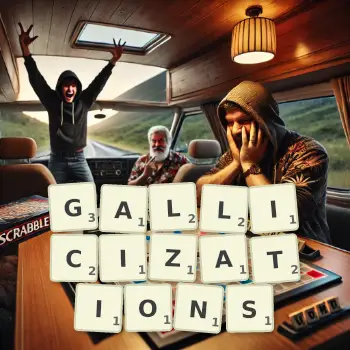 Creative illustration for a Scrabble game with the word GALLICIZATIONS spelled out in tiles on the board.