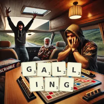Creative illustration for a Scrabble game with the word GALLING spelled out in tiles on the board.