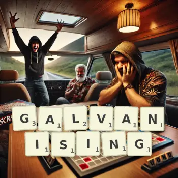 Creative illustration for a Scrabble game with the word GALVANISING spelled out in tiles on the board.