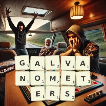 Creative illustration for a Scrabble game with the word GALVANOMETERS spelled out in tiles on the board.
