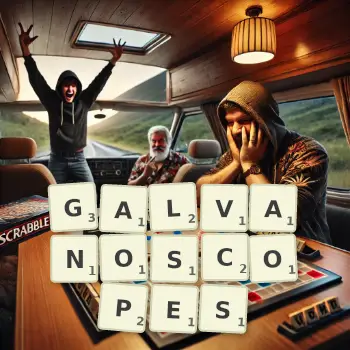 Creative illustration for a Scrabble game with the word GALVANOSCOPES spelled out in tiles on the board.