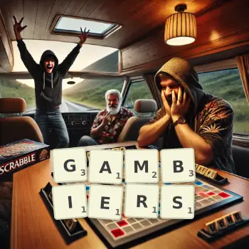 Creative illustration for a Scrabble game with the word GAMBIERS spelled out in tiles on the board.