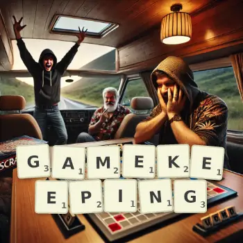Creative illustration for a Scrabble game with the word GAMEKEEPING spelled out in tiles on the board.