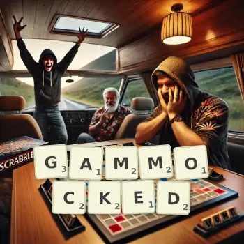 Creative illustration for a Scrabble game with the word GAMMOCKED spelled out in tiles on the board.