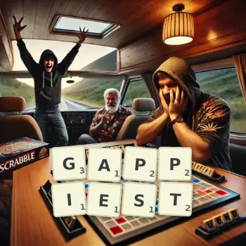 Creative illustration for a Scrabble game with the word GAPPIEST spelled out in tiles on the board.