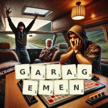 Creative illustration for a Scrabble game with the word GARAGEMEN spelled out in tiles on the board.