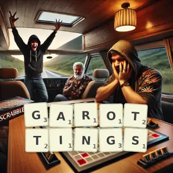 Creative illustration for a Scrabble game with the word GAROTTINGS spelled out in tiles on the board.
