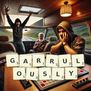 Creative illustration for a Scrabble game with the word GARRULOUSLY spelled out in tiles on the board.
