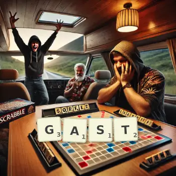 Creative illustration for a Scrabble game with the word GAST spelled out in tiles on the board.