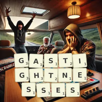 Creative illustration for a Scrabble game with the word GASTIGHTNESSES spelled out in tiles on the board.