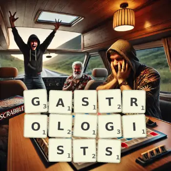 Creative illustration for a Scrabble game with the word GASTROLOGISTS spelled out in tiles on the board.