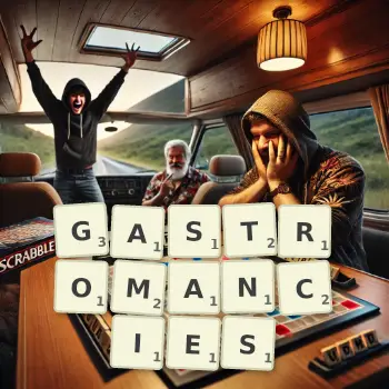 Creative illustration for a Scrabble game with the word GASTROMANCIES spelled out in tiles on the board.
