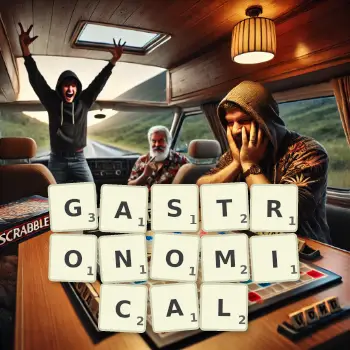 Creative illustration for a Scrabble game with the word GASTRONOMICAL spelled out in tiles on the board.