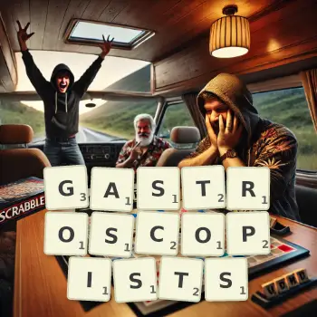 Creative illustration for a Scrabble game with the word GASTROSCOPISTS spelled out in tiles on the board.