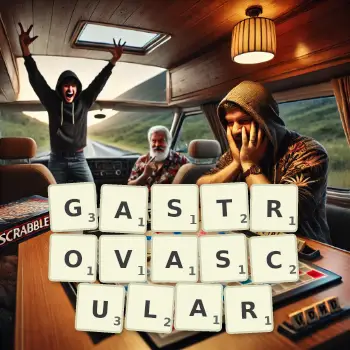 Creative illustration for a Scrabble game with the word GASTROVASCULAR spelled out in tiles on the board.