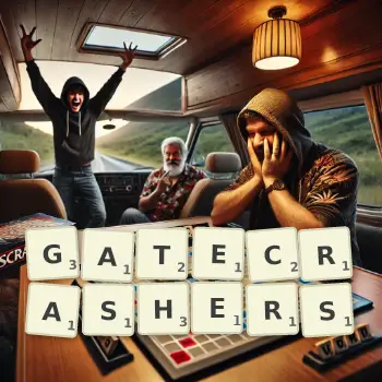Creative illustration for a Scrabble game with the word GATECRASHERS spelled out in tiles on the board.