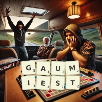 Creative illustration for a Scrabble game with the word GAUMIEST spelled out in tiles on the board.