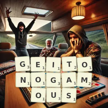 Creative illustration for a Scrabble game with the word GEITONOGAMOUS spelled out in tiles on the board.