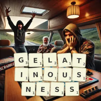 Creative illustration for a Scrabble game with the word GELATINOUSNESS spelled out in tiles on the board.