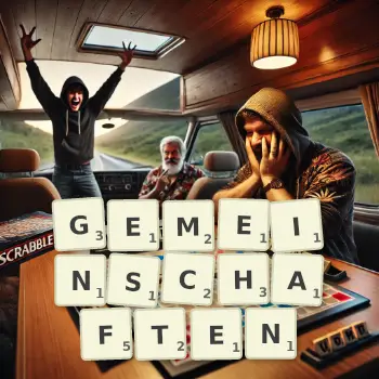 Creative illustration for a Scrabble game with the word GEMEINSCHAFTEN spelled out in tiles on the board.