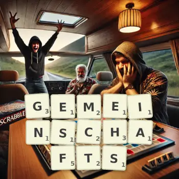 Creative illustration for a Scrabble game with the word GEMEINSCHAFTS spelled out in tiles on the board.