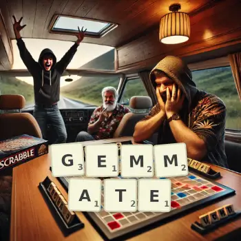 Creative illustration for a Scrabble game with the word GEMMATE spelled out in tiles on the board.