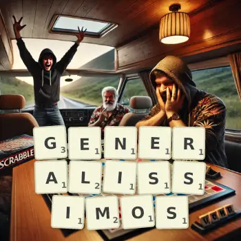 Creative illustration for a Scrabble game with the word GENERALISSIMOS spelled out in tiles on the board.