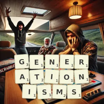 Creative illustration for a Scrabble game with the word GENERATIONISMS spelled out in tiles on the board.