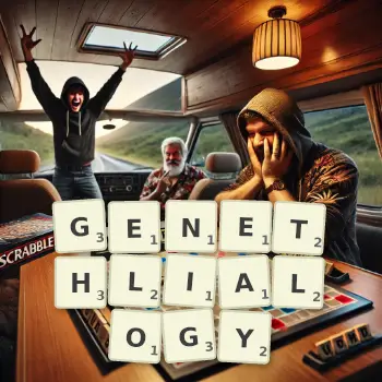 Creative illustration for a Scrabble game with the word GENETHLIALOGY spelled out in tiles on the board.